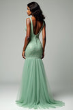 Mermaid Dusty Sage Tulle Backless Long Prom Dress