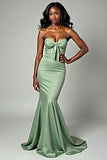 Mermaid Dusty Sage Strapless Satin Long Prom Dress with Bowknot
