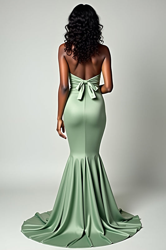 Mermaid Dusty Sage Strapless Satin Long Prom Dress with Bowknot
