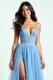 A Line Light Blue Spaghetti Straps Long Prom Dress with Slit