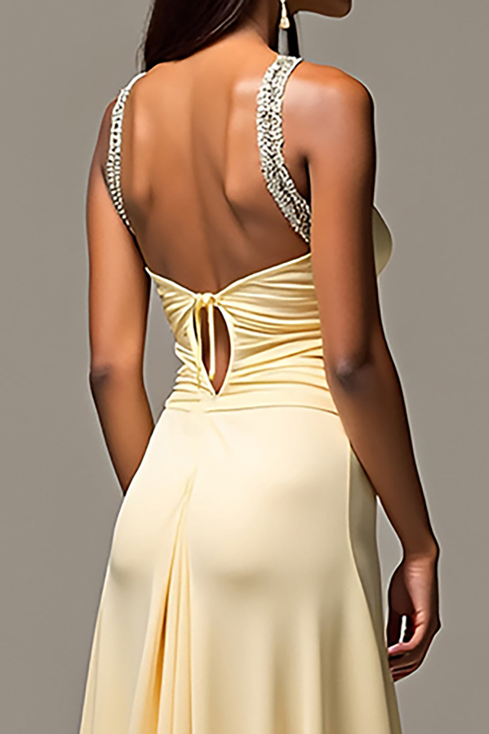 Daffodil Backless Sweep Train Long Prom Dress with Beading