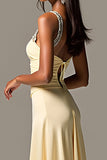 Daffodil Backless Sweep Train Long Prom Dress with Beading