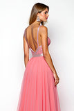 A Line Watermelon Chiffon Backless Long Prom Dress