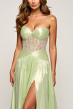 Sage Strapless A Line Long Prom Dress with Slit