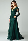 V-Neck Pine Appliqued Prom Dress with Long Sleeves