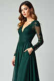V-Neck Pine Appliqued Prom Dress with Long Sleeves