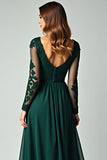 V-Neck Pine Appliqued Prom Dress with Long Sleeves