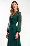 V-Neck Pine Floral Long Sleeves Mother of the Bride Dress with Slit