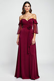Off the Shoulder Burgundy Floral Mother of the Bride Dress