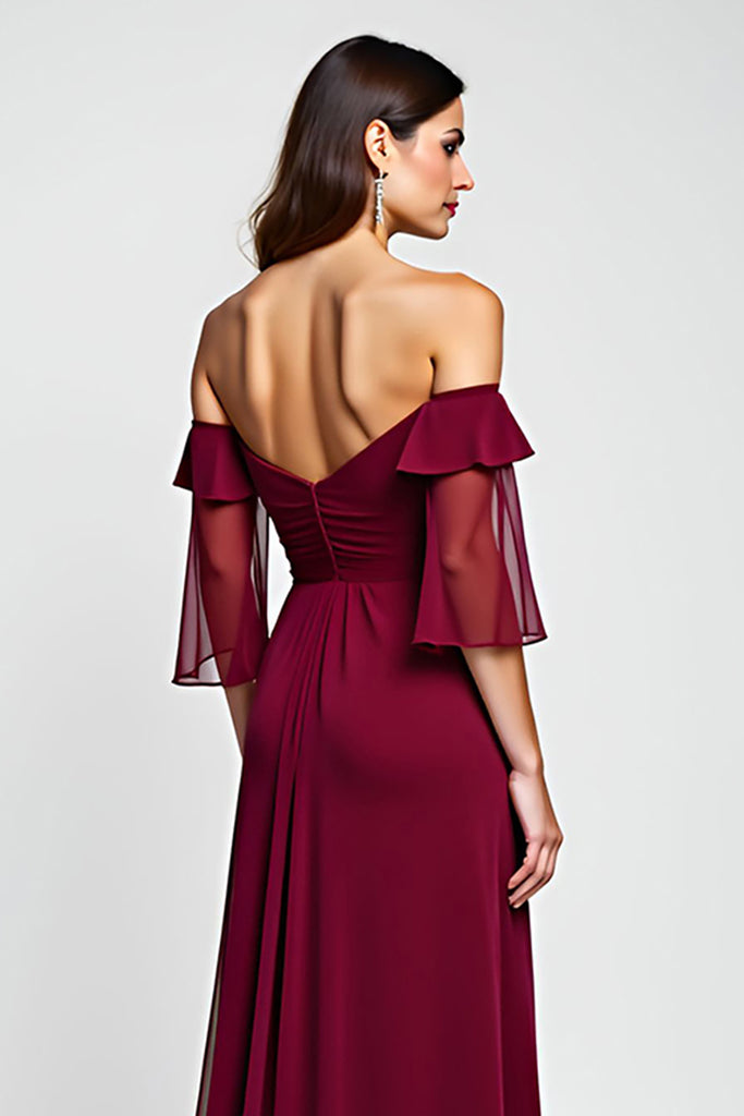 Burgundy Lace A Line Off the Shoulder Mother of the Bride Dress