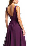 A Line Ruhced Purple Backless Long Mother of the Bride Dress