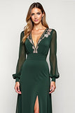 A Line Pine Deep V-Neck Long Mother of the Bride Dress with Slit