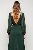 A Line Pine Deep V-Neck Long Mother of the Bride Dress with Slit