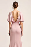 Dusty Rose Short Sleeves Sheath Long Bridesmaid Dress with Slit