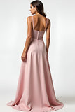 Spaghetti Straps Dusty Rose A Line Long Prom Dress