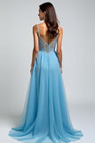 A Line Light Blue V-Neck Appliqued Long Prom Dress with Slit