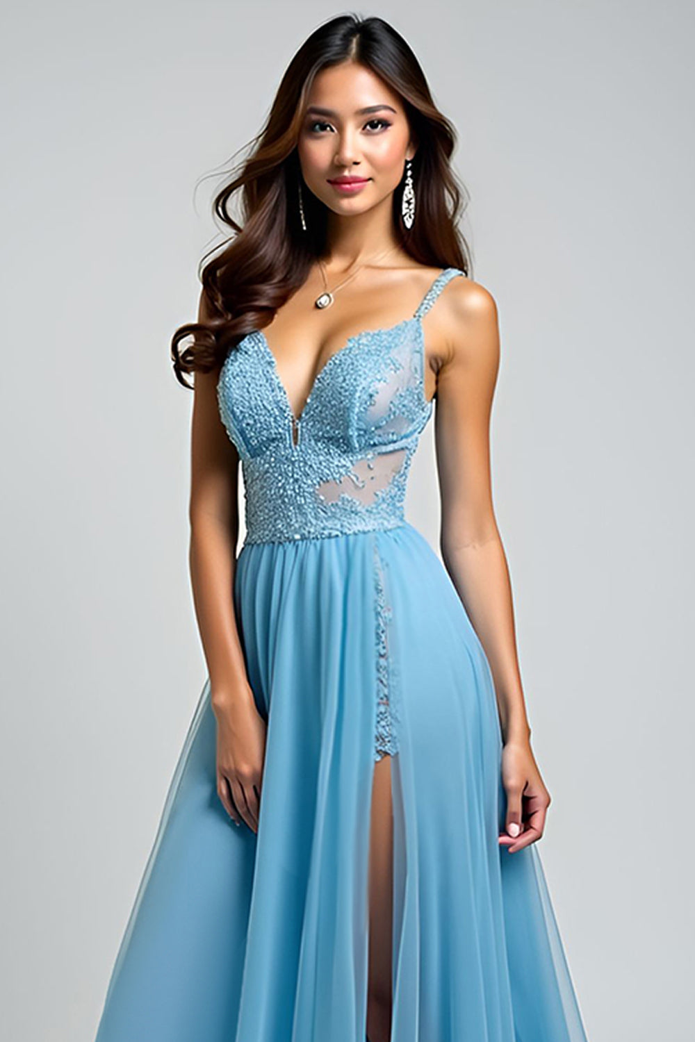 A Line Light Blue V-Neck Appliqued Long Prom Dress with Slit
