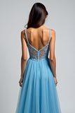 A Line Light Blue V-Neck Appliqued Long Prom Dress with Slit