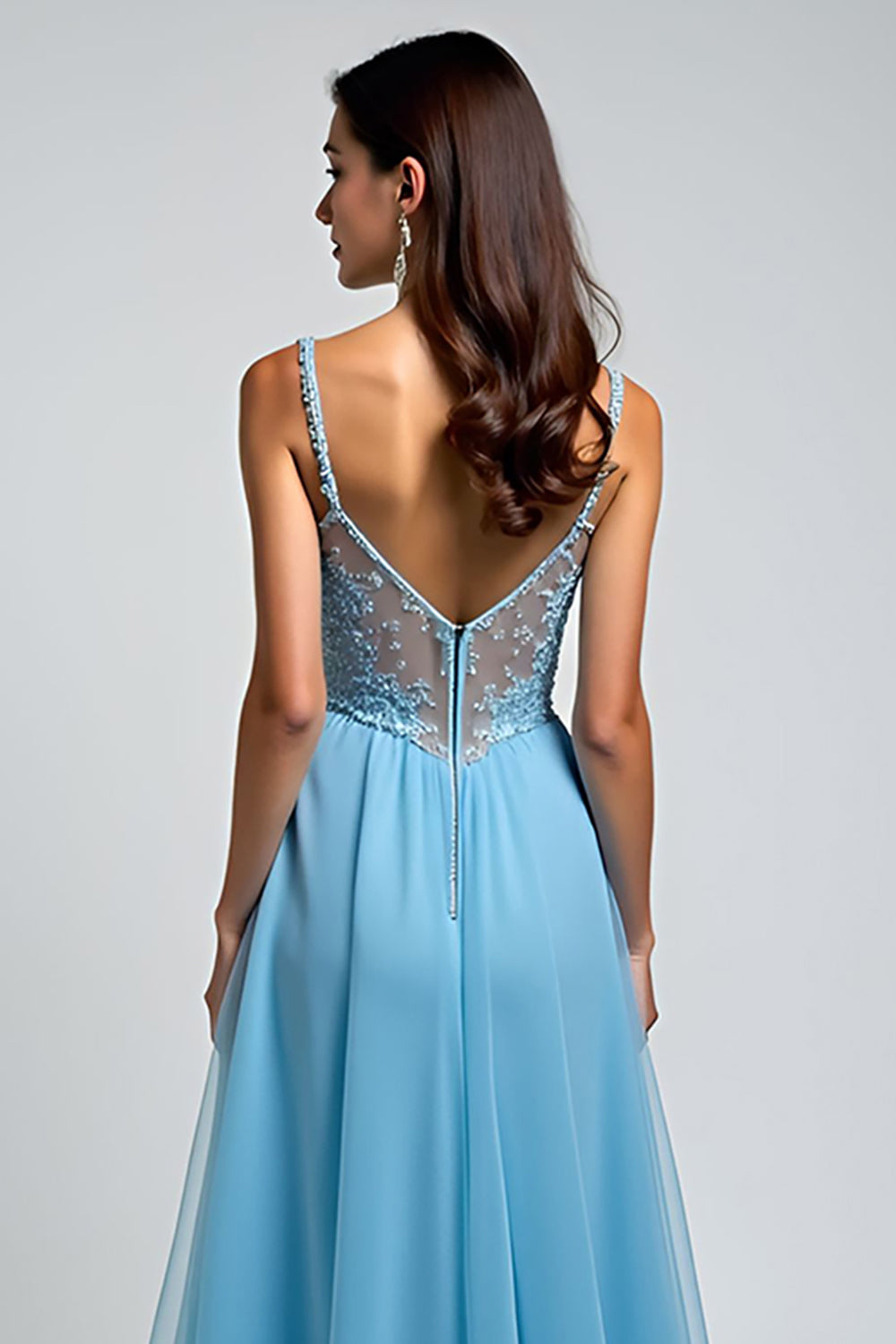 A Line Light Blue V-Neck Appliqued Long Prom Dress with Slit