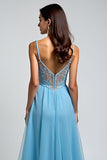 A Line Light Blue V-Neck Appliqued Long Prom Dress with Slit