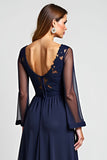 Navy A Line V-Neck Long Sleeves Mother of the Bride Dress with Slit