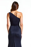 Navy One Shoulder Sheath Long Formal Dress