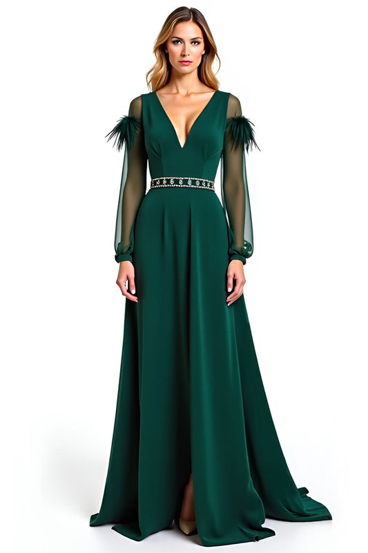 A Line Pine V-Neck Long Mother of the Bride Dress with Feather