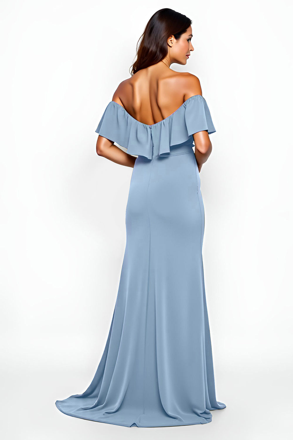 Sheath Dusty Blue Off the Shoulder Long Bridesmaid Dress with Slit