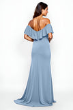 Sheath Dusty Blue Off the Shoulder Long Bridesmaid Dress with Slit