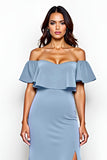 Sheath Dusty Blue Off the Shoulder Long Bridesmaid Dress with Slit