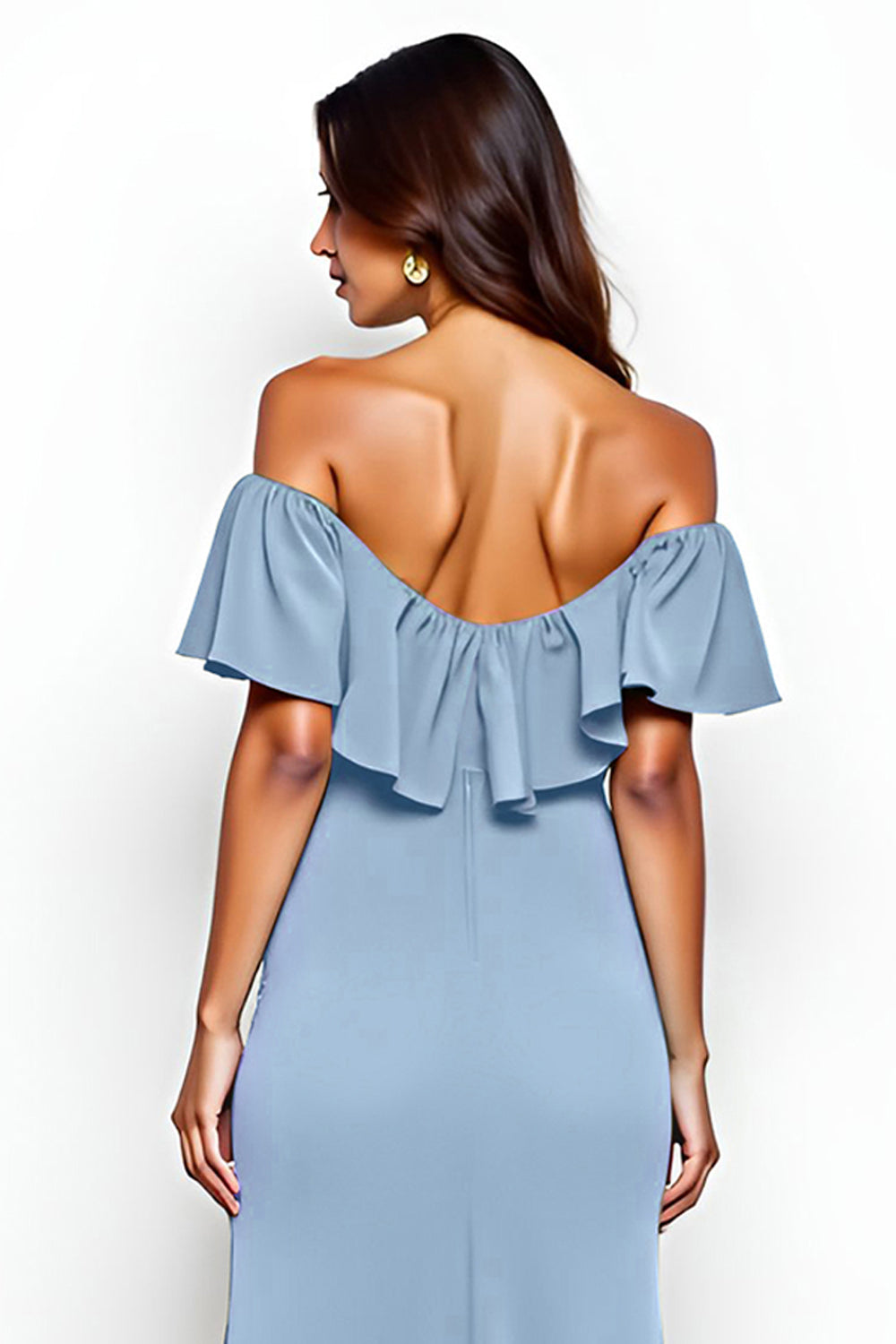 Sheath Dusty Blue Off the Shoulder Long Bridesmaid Dress with Slit