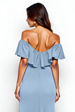 Sheath Dusty Blue Off the Shoulder Long Bridesmaid Dress with Slit