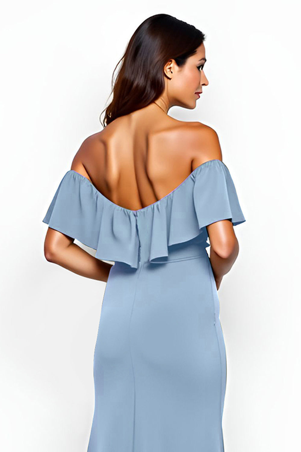 Sheath Dusty Blue Off the Shoulder Long Bridesmaid Dress with Slit