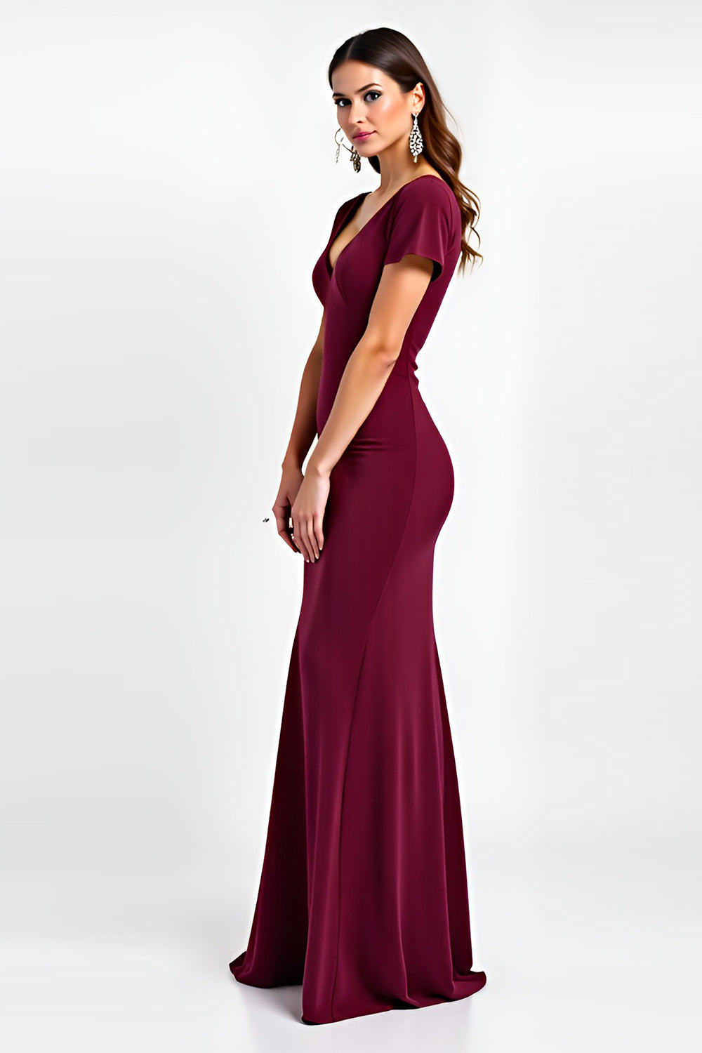 Burgundy V-Neck Short Sleeves Long Formal Dress
