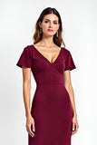 Burgundy V-Neck Short Sleeves Long Formal Dress