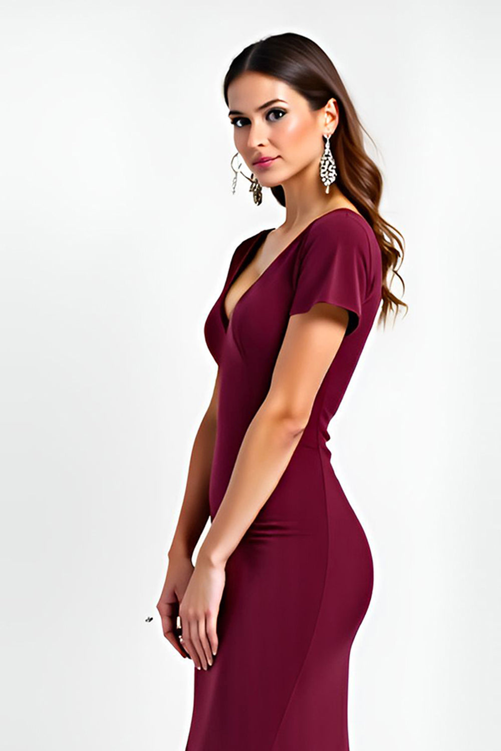 Burgundy V-Neck Short Sleeves Long Formal Dress