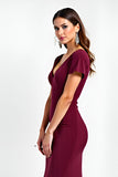 Burgundy V-Neck Short Sleeves Long Formal Dress