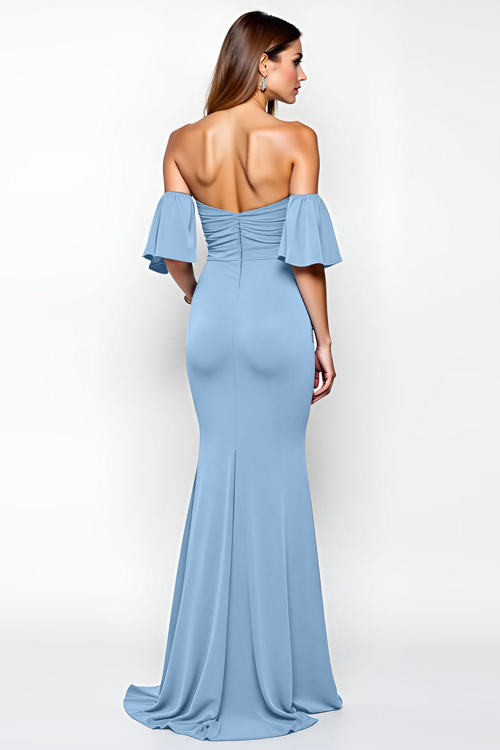 Dusty Blue Ruffled Sheath Long Formal Dress