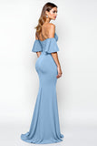 Dusty Blue Ruffled Sheath Long Formal Dress