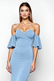 Dusty Blue Ruffled Sheath Long Formal Dress