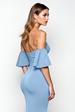 Dusty Blue Ruffled Sheath Long Formal Dress