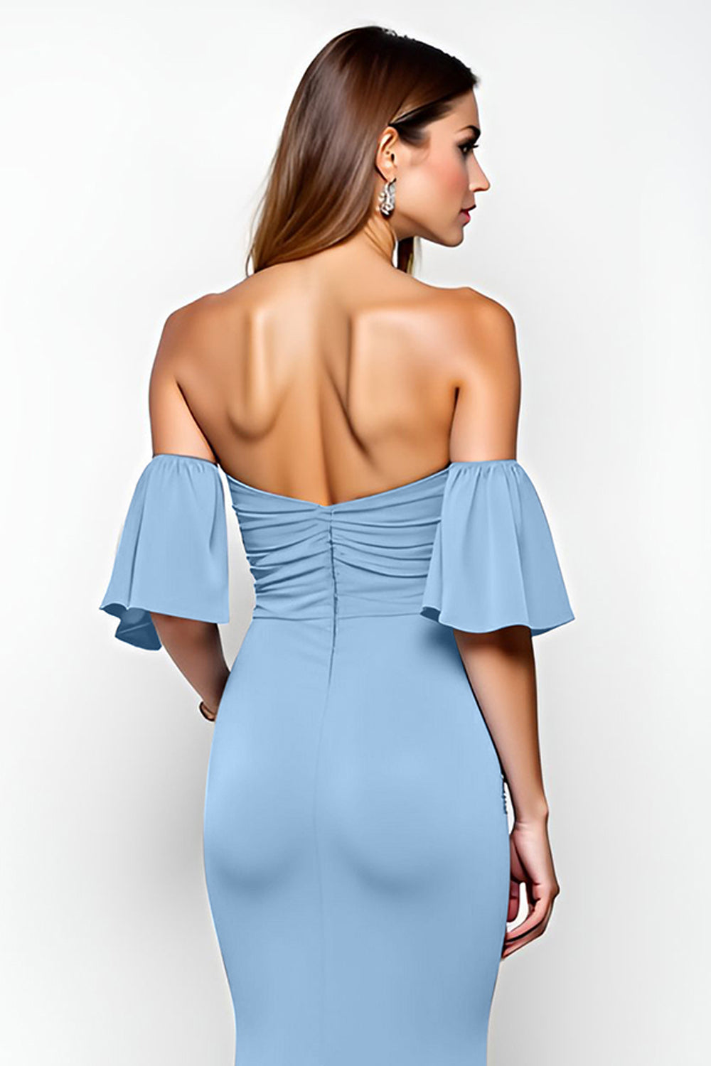 Dusty Blue Ruffled Sheath Long Formal Dress