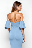 Dusty Blue Ruffled Sheath Long Formal Dress