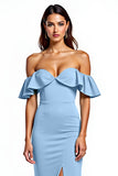 Dusty Blue Off the Shoulder Ruffled Long Wedding Guest Dress with Slit