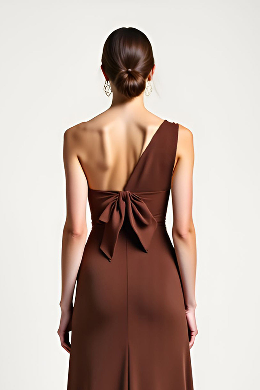 Brown Sheath One Shoulder Long Formal Dress with Bow