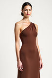Brown Sheath One Shoulder Long Formal Dress with Bow