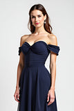 Navy A Line Chiffon Long Wedding Guest Dress