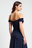 Navy A Line Chiffon Long Wedding Guest Dress