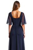 Navy Short Sleeves Sheath Long Mother Of Bride Dress