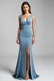 V Neck Dusty Blue Sheath Formal Dress with Slit